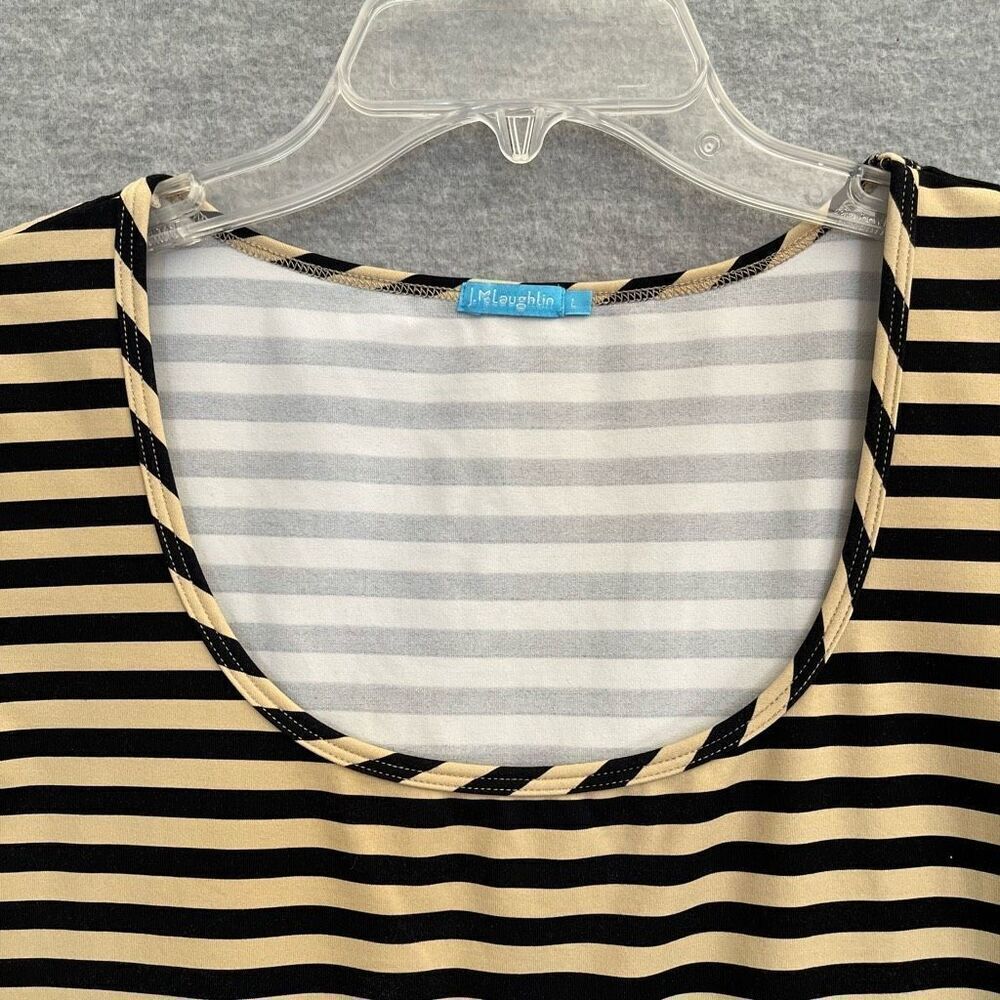 J McLaughlin Catalina Cloth Striped Tee Womens Large Beige Black Preppy Top Crew - Picture 3 of 9